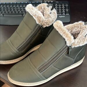 White Mountain Green and Tan Ankle Booties with Cozy Lining